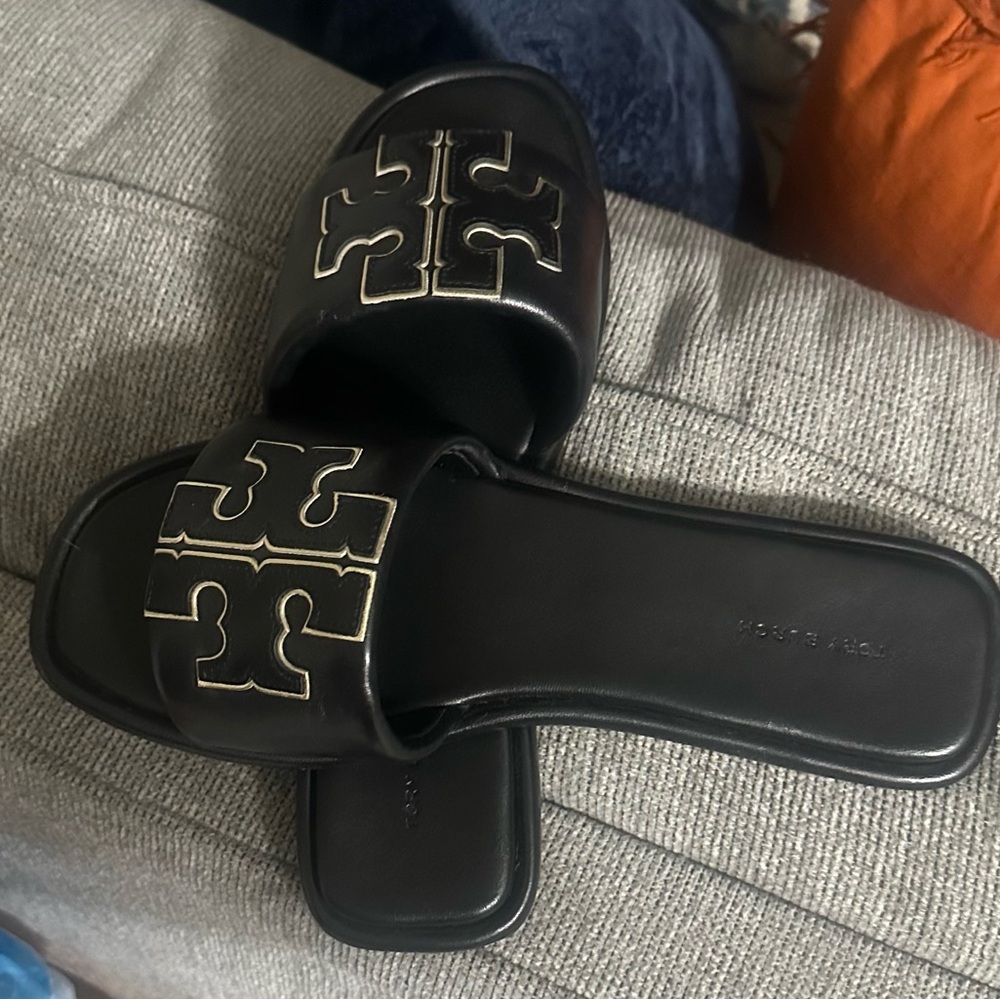 Tory Burch Black and Gold Slide Sandals